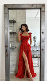 Tulle Prom Dresses with Slit Spaghetti Straps A Line Maxi Long Formal Dress