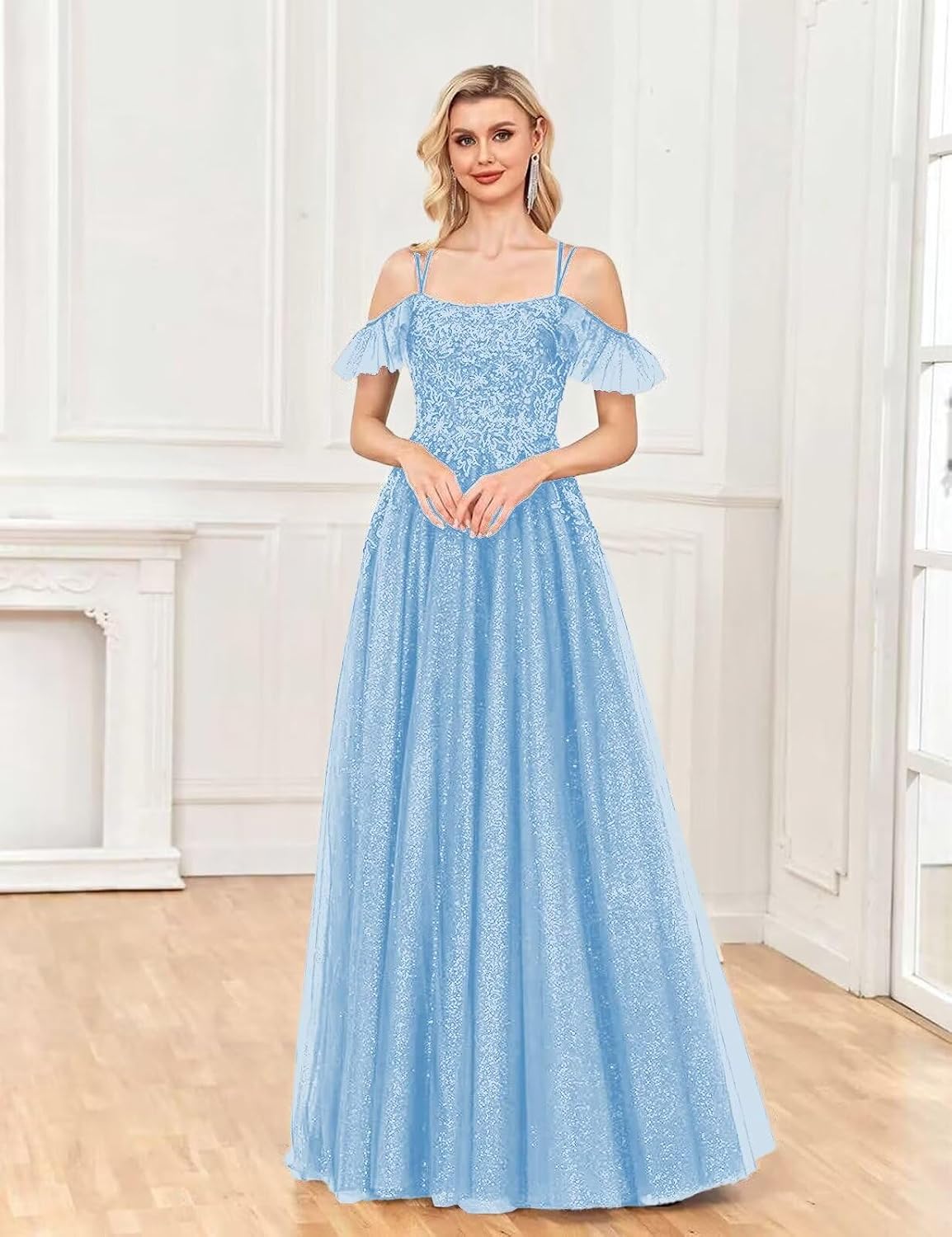 Off Shoulder Tulle Ball Gowns for Women Lace Appliques Beaded Prom Dress Sparkly Long A-line Evening Gowns