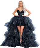 Puffy Sequins Tulle High-Low Prom Dresses for Women 2027, Glitter V Neck Formal Ball Gown Wedding Party Dress