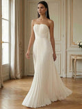 Strapless Prom Dresses for Women Long A Line Cocktail Dress Pleated Chiffon Formal Wedding Guest Dress