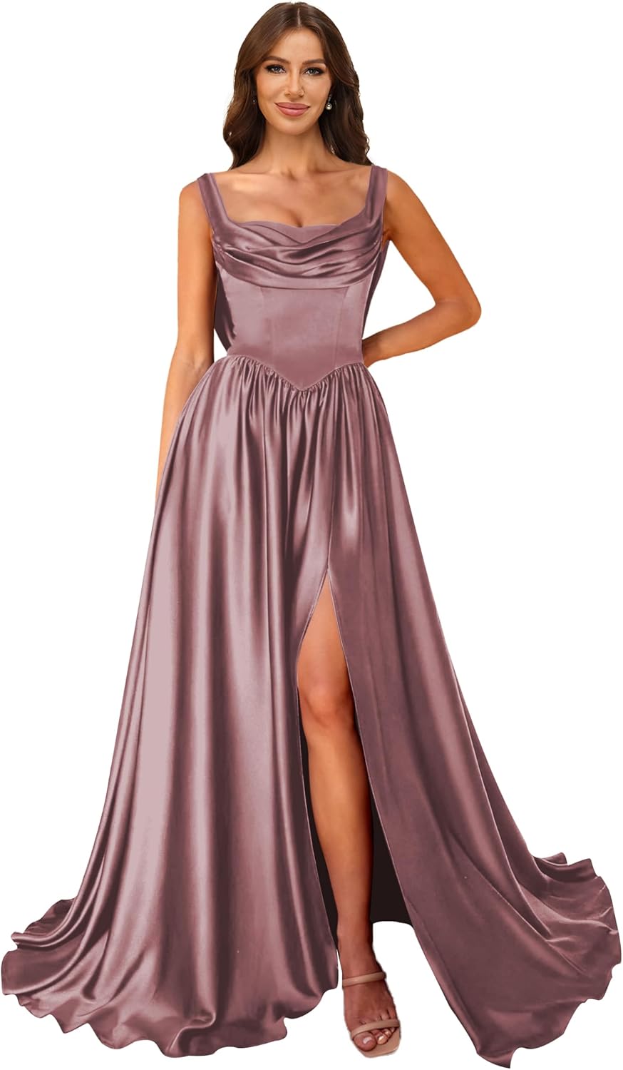 Cowl Neck Satin Prom Dresses Corset Ball Gown Long Puffy A-Line Formal Evening Gown with Slit