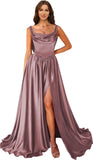 Cowl Neck Satin Prom Dresses Corset Ball Gown Long Puffy A-Line Formal Evening Gown with Slit