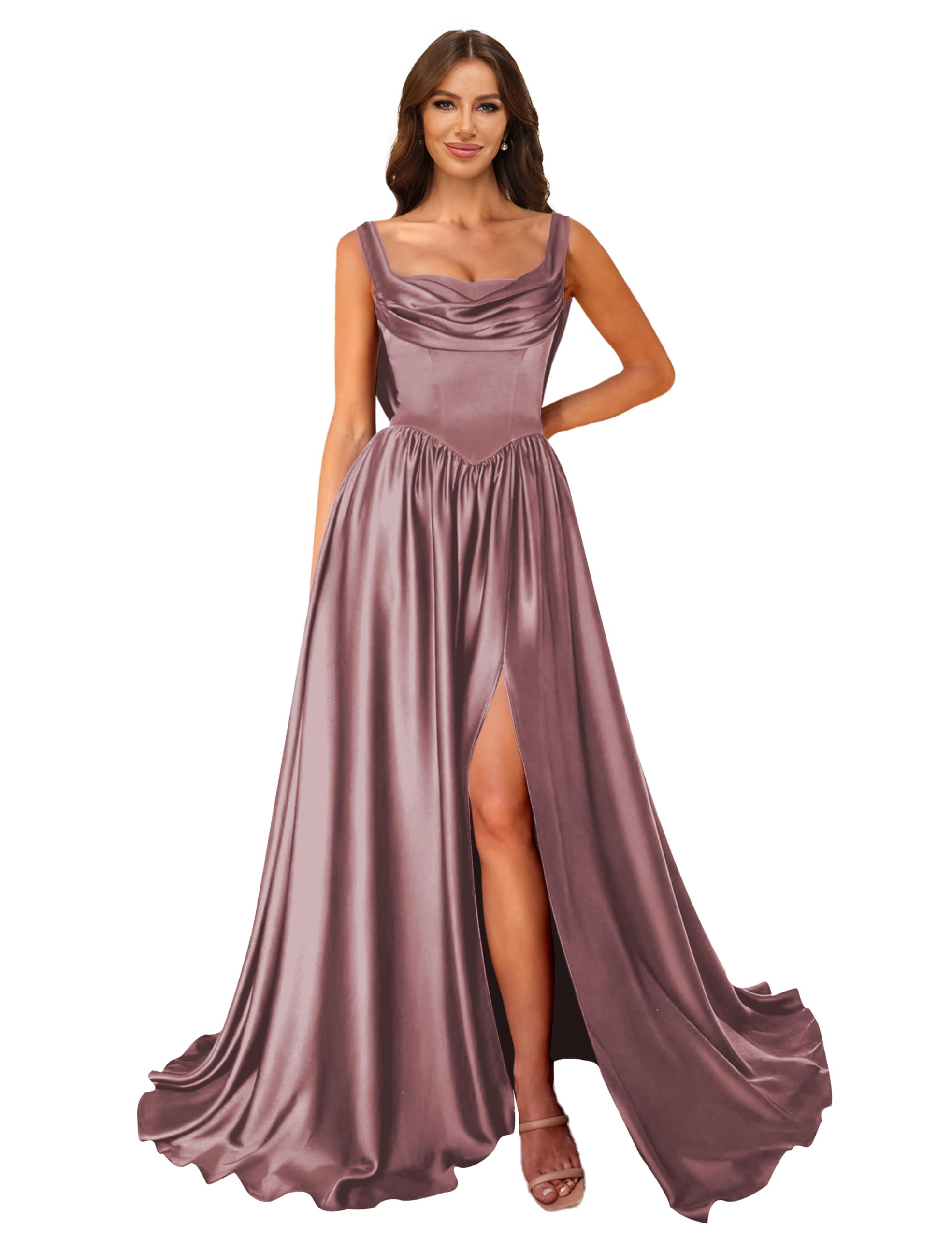 Cowl Neck Satin Prom Dresses Corset Ball Gown Long Puffy A-Line Formal Evening Gown with Slit