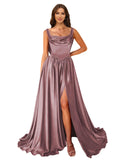 Cowl Neck Satin Prom Dresses Corset Ball Gown Long Puffy A-Line Formal Evening Gown with Slit