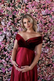 Velvet Maternity Dress for Photoshoot Off Shoulder Satin Pregnancy Gown Bridal Lingerie Robe for Baby Shower