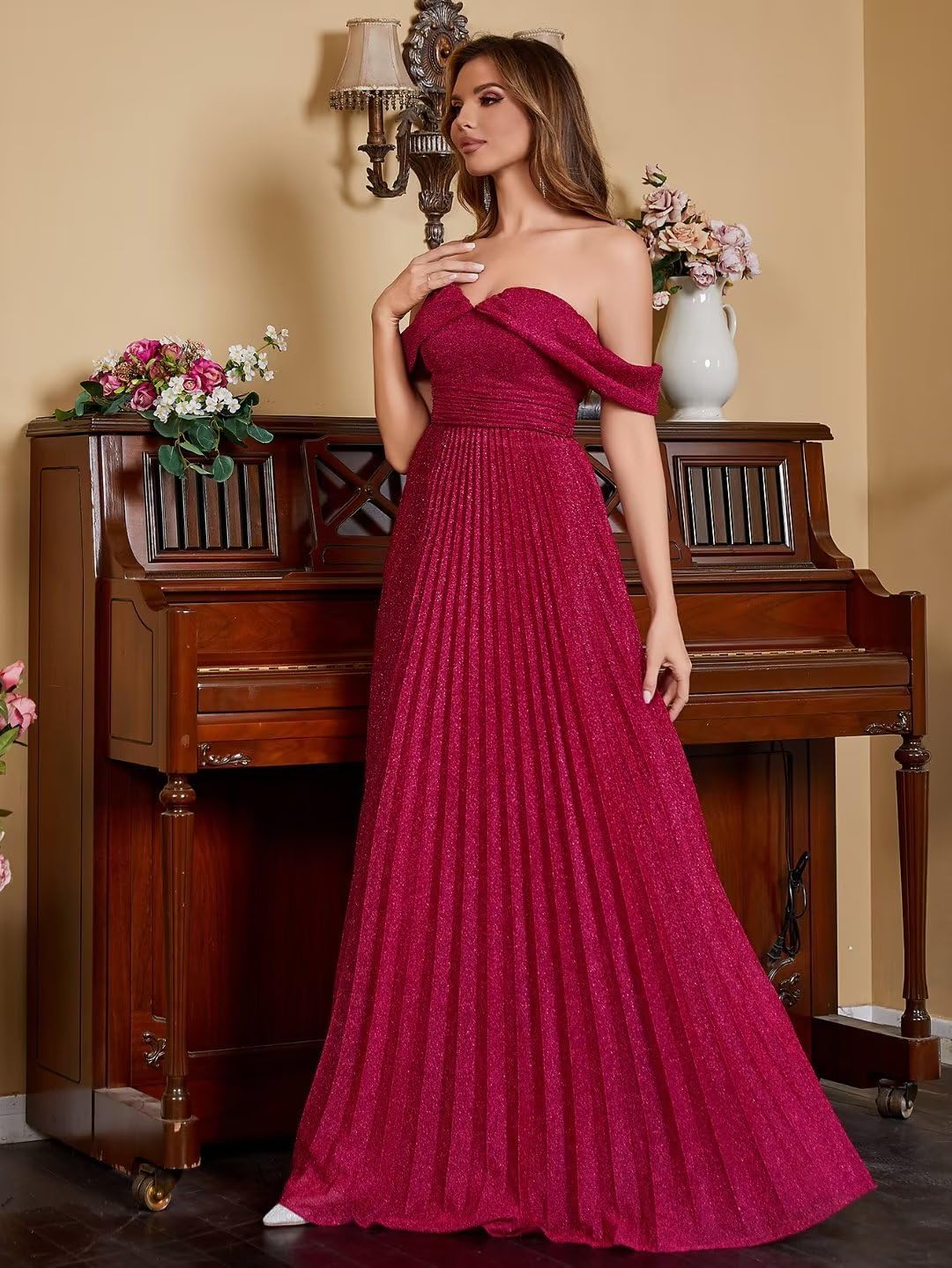 Spaghetti Strap Long Prom Dresses for Women 2026 Ball Gown A Line V-Neck Sparkly Formal Evening Gowns for Wedding