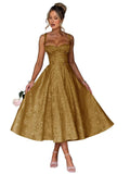 Satin Jacquard Prom Dress with Bow Tea Length Floral Midi Formal Evening Party Gown Tea-Length for Women Engagement Gown