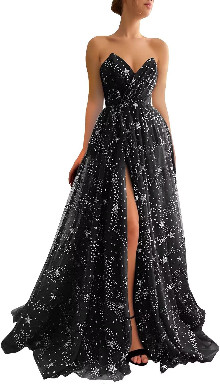 Women's Sparkle Starry Tulle Prom Dresses Strapless Long Formal Evening Party Gowns with Slit