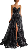 Women's Sparkle Starry Tulle Prom Dresses Strapless Long Formal Evening Party Gowns with Slit