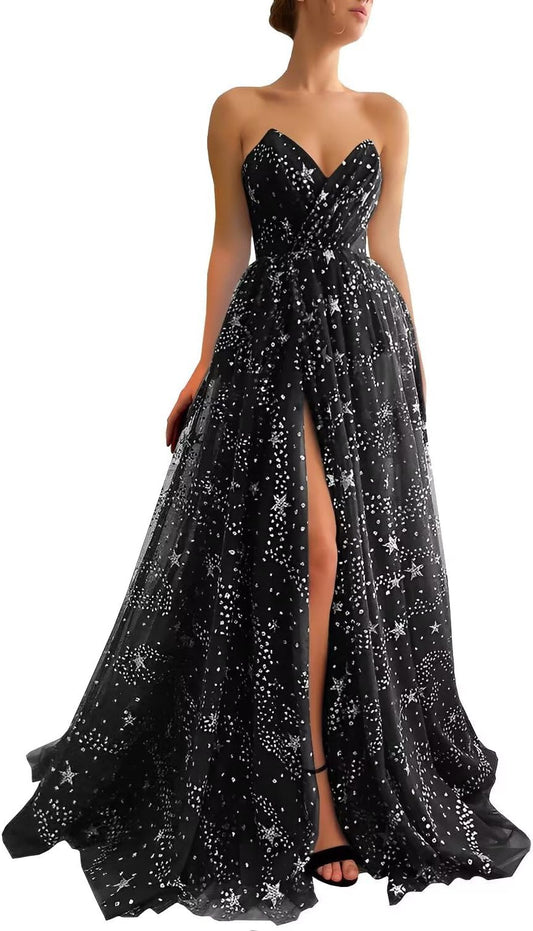 Women's Sparkle Starry Tulle Prom Dresses Strapless Long Formal Evening Party Gowns with Slit