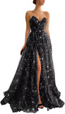 Women's Sparkle Starry Tulle Prom Dresses Strapless Long Formal Evening Party Gowns with Slit