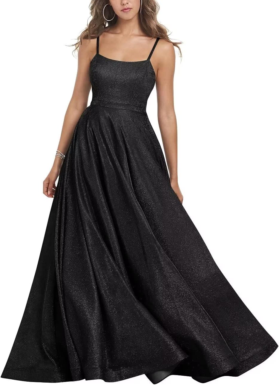 Women's Glitter Prom Dresses Long Ball Gown Spaghetti Straps Neck Formal Evening Party Dress for Teens