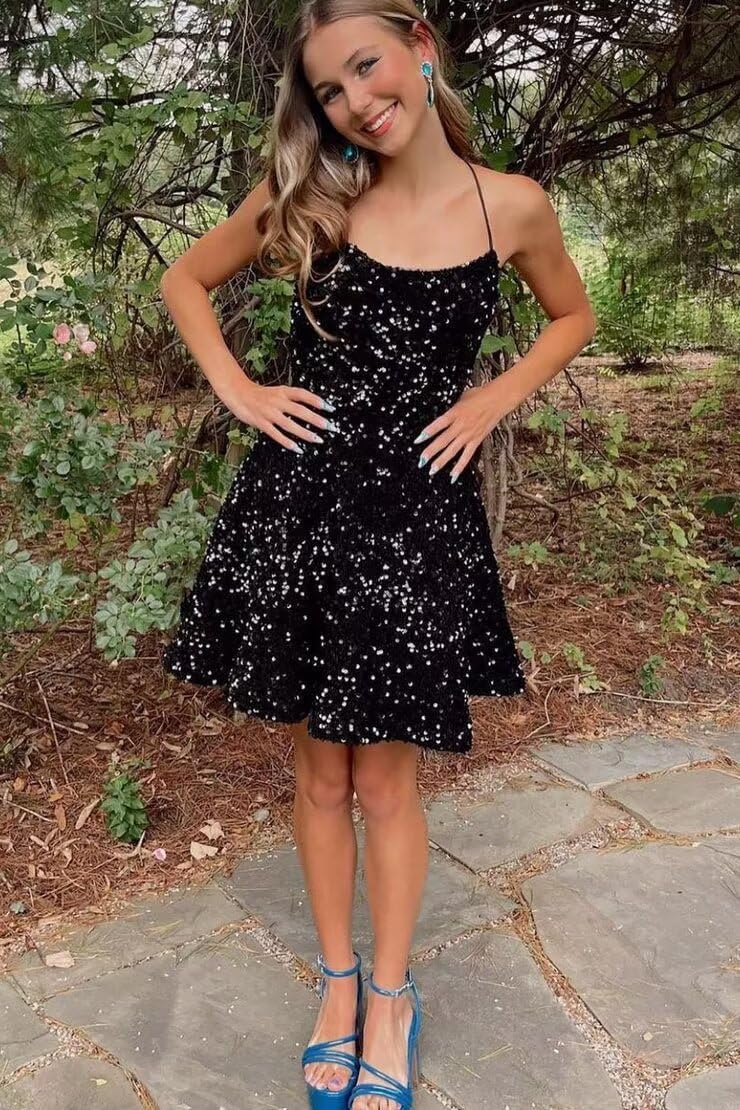 Sparkly Sequin Homecoming Dresses 2026 Spaghetti Straps Tiered Prom Dresses for Teens Short Cocktail Party Gowns