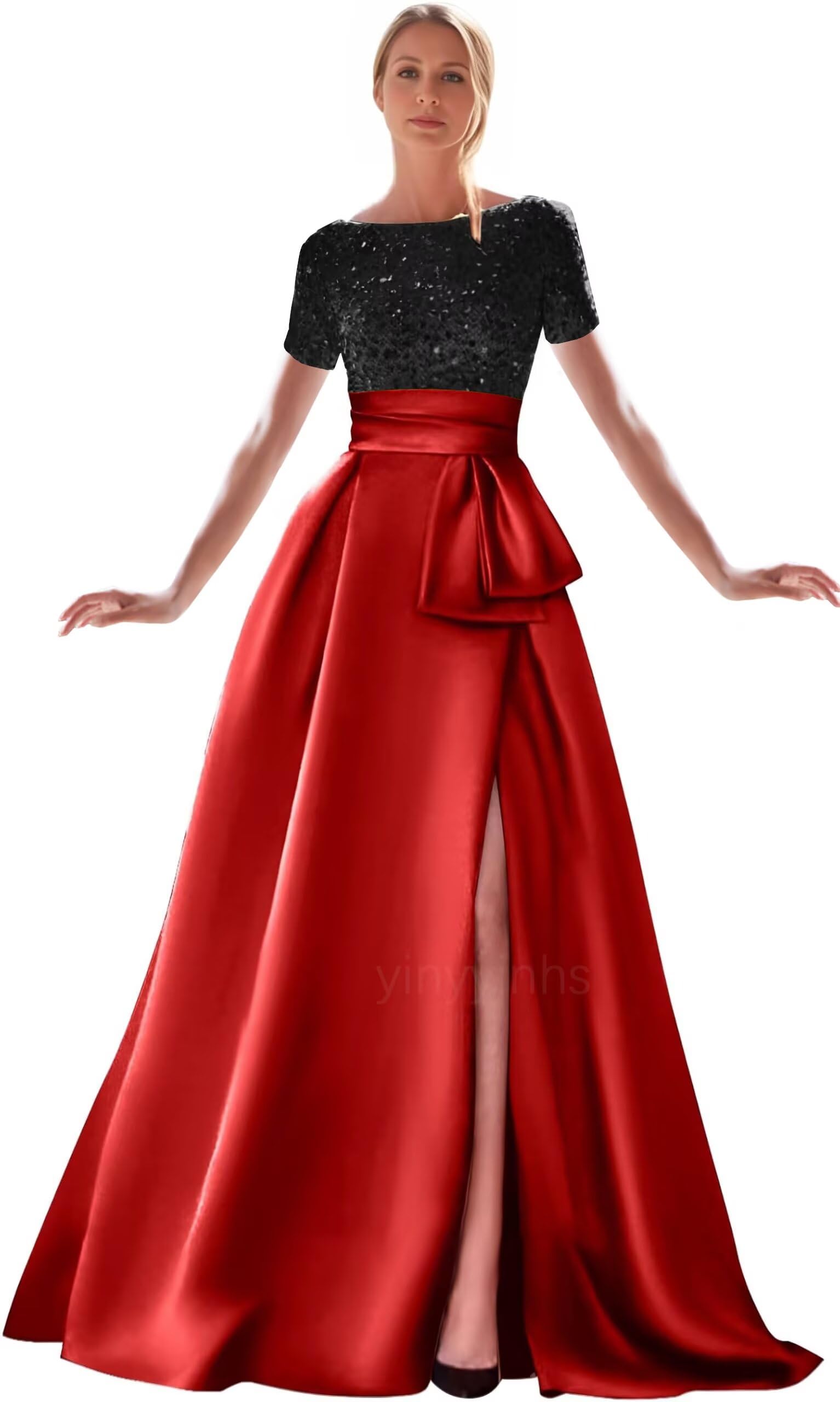 Kingbridal Gowns Short Sleeve Sequin Prom Dresses for Women 2026 Satin A-Line Sparkly Formal Evening Party Ball Gowns with Slit