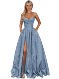Strapless Jacquard Satin Prom Dresses for Women Corset A Line Long Formal Evening Party Gowns with Slit