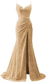 Spaghetti Straps Sequin Prom Dresses for Women 2027 Mermaid Ruched Formal Dress with Slit Sparkly Evening Party Gown