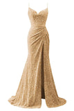 Spaghetti Straps Sequin Prom Dresses for Women 2027 Mermaid Ruched Formal Dress with Slit Sparkly Evening Party Gown