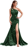 Kingbridal Gowns One Shoulder Sequin Prom Dresses with Slit 2026 Mermaid Formal Dress for Women Sparkly Ruched Evening Party Gowns