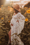 Women's Lace Maternity Dress for Photoshoot Long Puffy Sleeves V Neck Boho Pregnancy Gown for Baby Shower with Slit