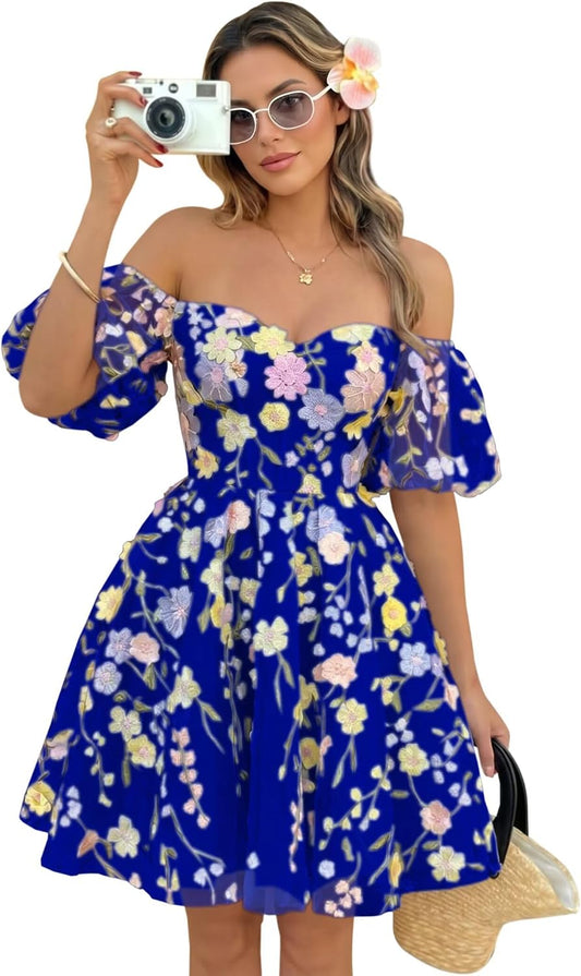 Cocktail Party Dresses Gowns 3D Floral Applique Homecoming Dress for Teen 3D Floral Embroidered Homecoming Dress for Women Off The Shoulder Mini Dress