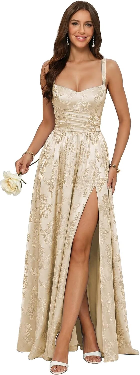 Jacquard Satin Prom Dresses with Slit Spaghetti Straps A Line Maxi Long Formal Dress
