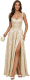 Jacquard Satin Prom Dresses with Slit Spaghetti Straps A Line Maxi Long Formal Evening Dress Party Gowns
