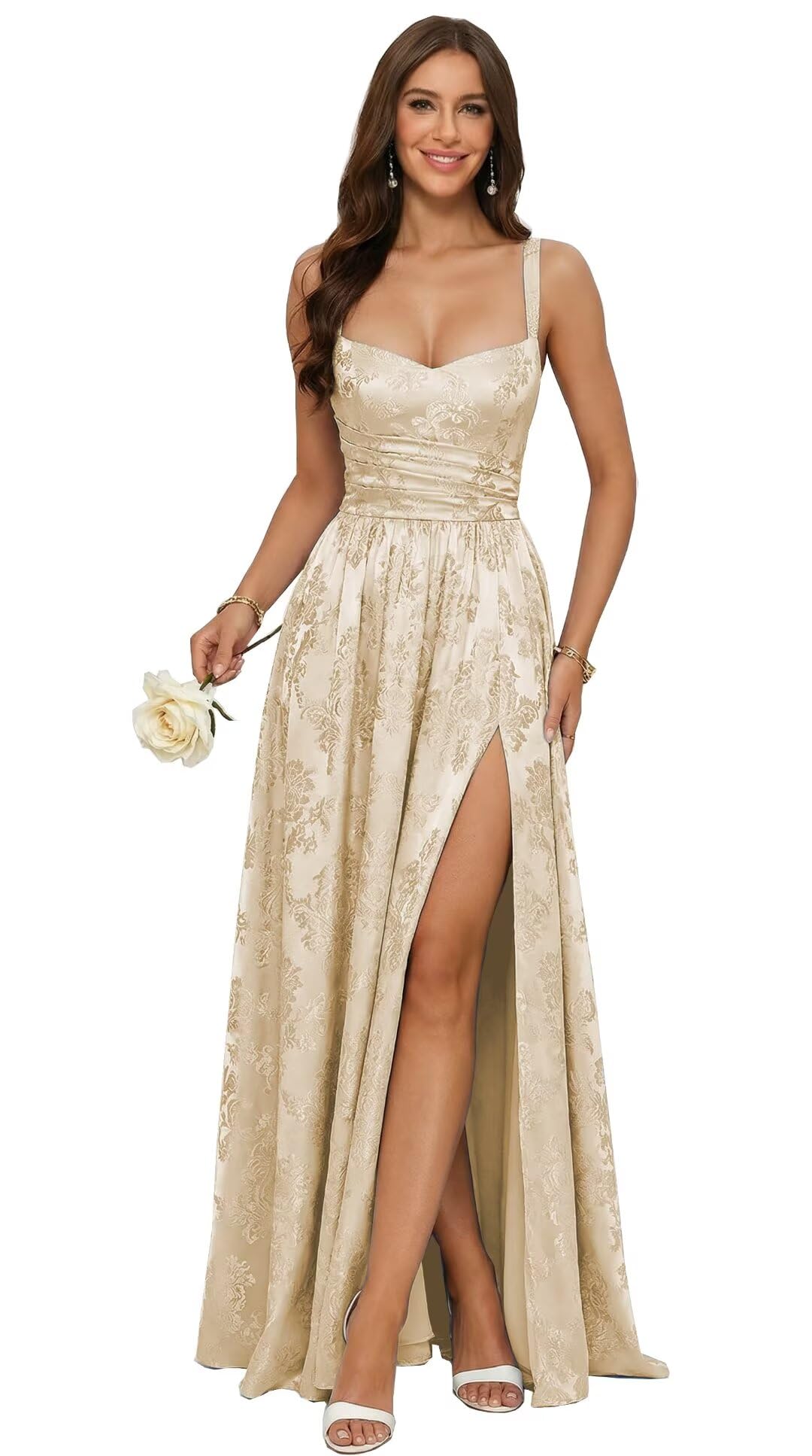 Jacquard Satin Prom Dresses with Slit Spaghetti Straps A Line Maxi Long Formal Evening Dress Party Gowns