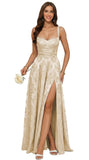 Jacquard Satin Prom Dresses with Slit Spaghetti Straps A Line Maxi Long Formal Evening Dress Party Gowns