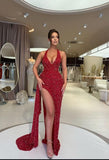 Sparkly Sequin Halter Prom Dresses for Women Mermaid Formal Dress with Slit Backless Ruched Evening Party Gowns