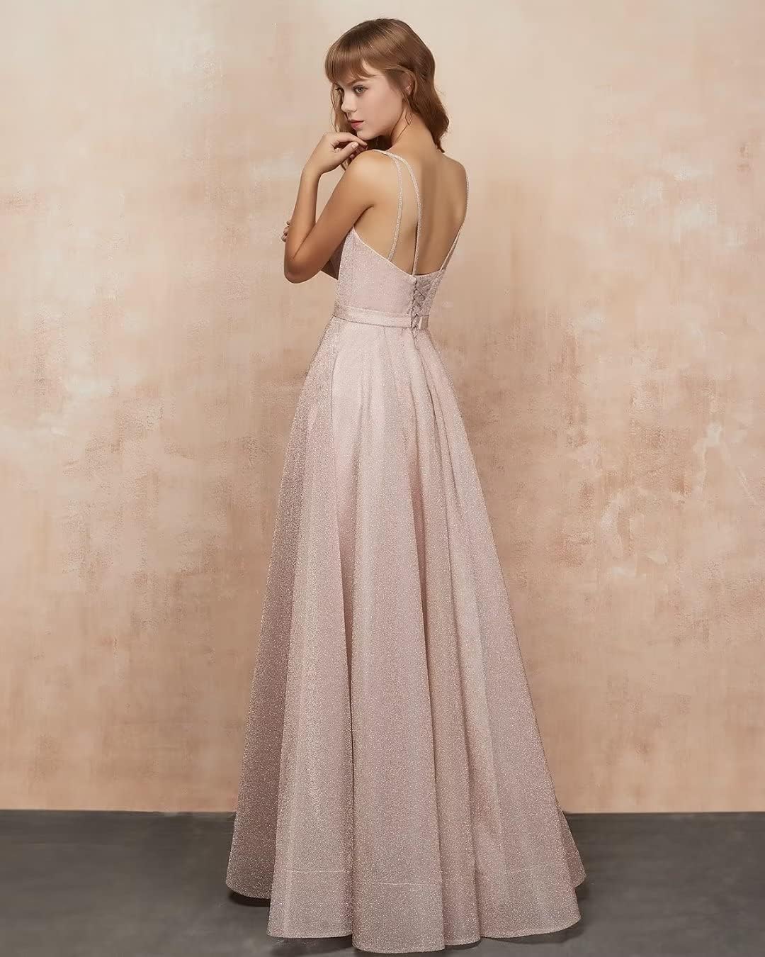 Women's Glittery Spaghetti V-Neck Prom Dresses Long Side Split Formal Evening Gowns