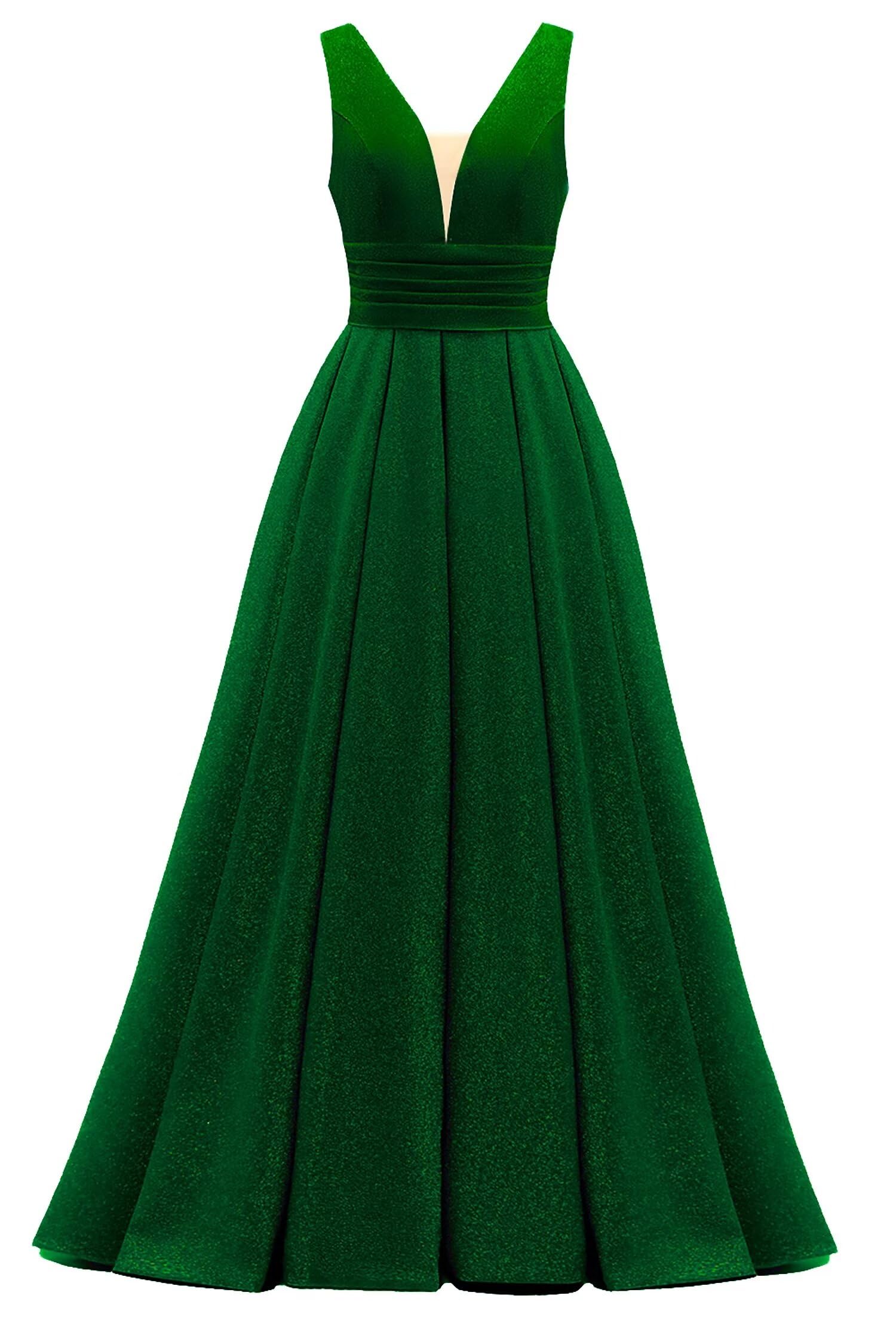 Glitter Satin Prom Dresses for Women Long V Neck A-Line Pleated Formal Evening Party Gowns with Pockets