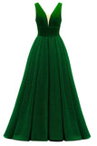 Glitter Satin Prom Dresses for Women Long V Neck A-Line Pleated Formal Evening Party Gowns with Pockets