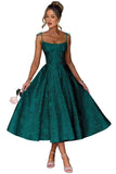 Jacquard Floral Satin Prom Dresses for Women 2026 Spaghetti Straps A-Line Midi Formal Evening Party Gown with Pockets