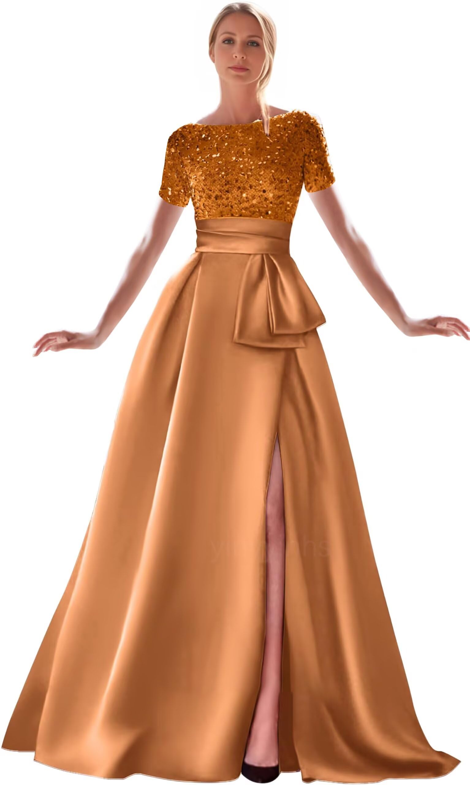 Kingbridal Gowns Short Sleeve Sequin Prom Dresses for Women 2026 Satin A-Line Sparkly Formal Evening Party Ball Gowns with Slit