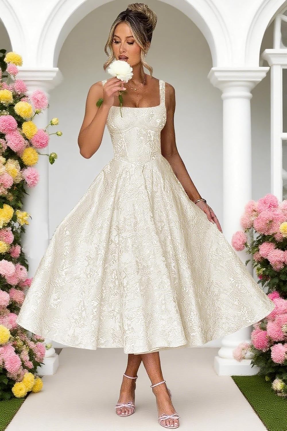 Floral Satin Jacquard Prom Dresses 2026 A-Line Tea Length Midi Square Neck Evening Party Gown with Pockets for Women