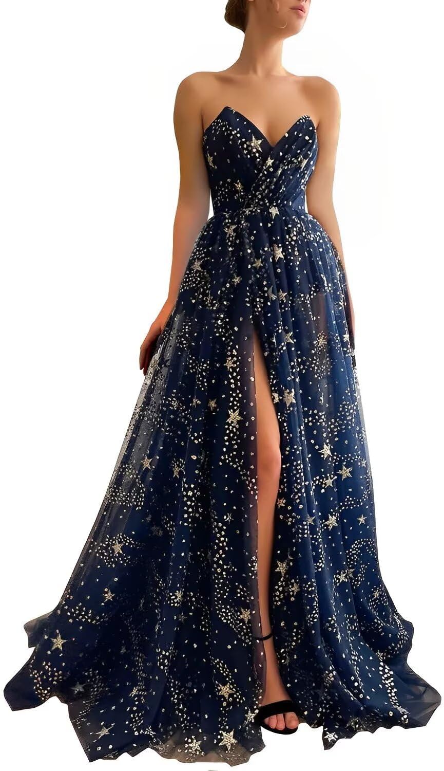 Women's Sparkle Starry Tulle Prom Dresses Strapless Long Formal Evening Party Gowns with Slit