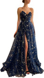 Women's Sparkle Starry Tulle Prom Dresses Strapless Long Formal Evening Party Gowns with Slit