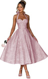 Jacquard Satin Prom Dresses for Women Vintage A-Line Midi Halter Sweetheart Formal Evening Party Gowns with Pockets