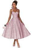 Jacquard Satin Prom Dresses for Women Vintage A-Line Midi Halter Sweetheart Formal Evening Party Gowns with Pockets