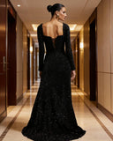 Mermaid Sequin Prom Dresses for Women 2026 Long Sleeve Ruched Formal Dress with Slit Sparkly Evening Party Gowns