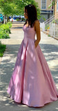 Women's Spaghetti Straps Satin Prom Dresses with Pockets V Neck Pleated Formal Evening Ball Gowns