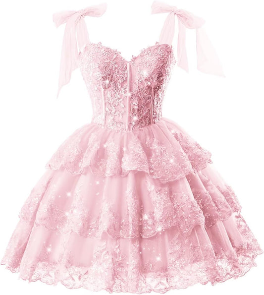Sparkly Lace Sequin Homecoming Dresses for Teens Short 2026 Bow Straps Corset Tiered Tulle Cocktail Gowns