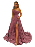 One Shoulder Sequin Prom Dresses for Women Long Sparkly A-Line Slit Formal Evening Party Ball Gowns with Pockets
