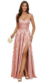 Jacquard Satin Prom Dresses with Slit Spaghetti Straps A Line Maxi Long Formal Dress