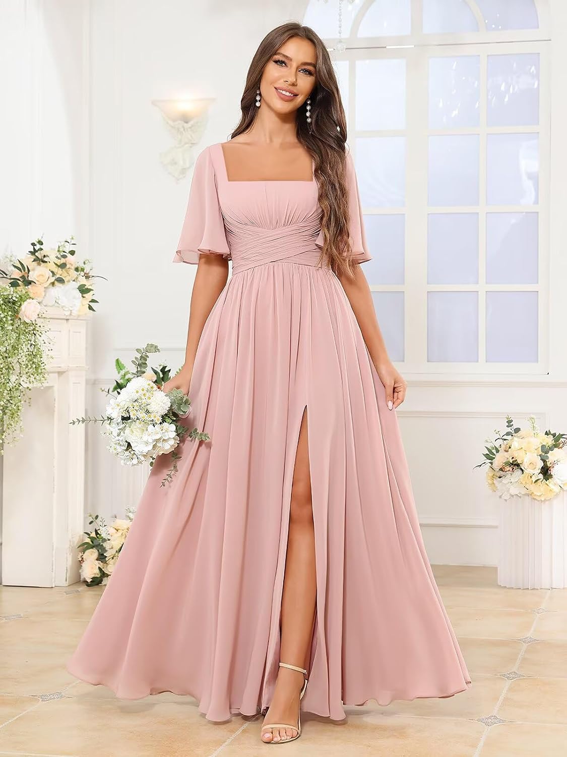 Square Neck Bridesmaid Dresses with Slit Pockets Flutter Sleeve Long Chiffon Formal Wedding Guest Dress