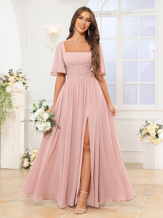 Square Neck Bridesmaid Dresses with Slit Pockets Flutter Sleeve Long Chiffon Formal Wedding Guest Dress