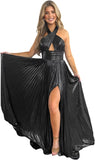 Vestido de fiesta de satén metálico brillante con abertura para mujer, vestido formal de noche plisado con cuello halter 