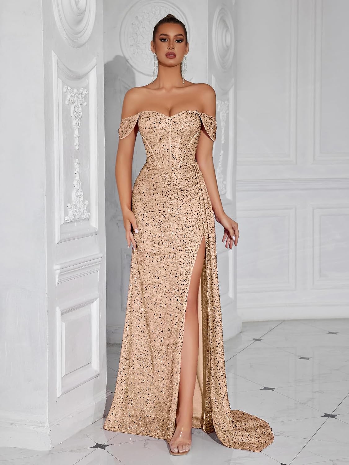 Evening Gowns Formal Dresses for Women Sequin Tulle Wedding Guest Cocktail Party Sexy Off Shoulder Floor Length Prom Dress