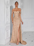 Evening Gowns Formal Dresses for Women Sequin Tulle Wedding Guest Cocktail Party Sexy Off Shoulder Floor Length Prom Dress