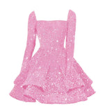 Sequin Short Homecoming Dress for Teen Sparkly Long Sleeve Prom Sweet 16 Dresses Cocktail Gowns
